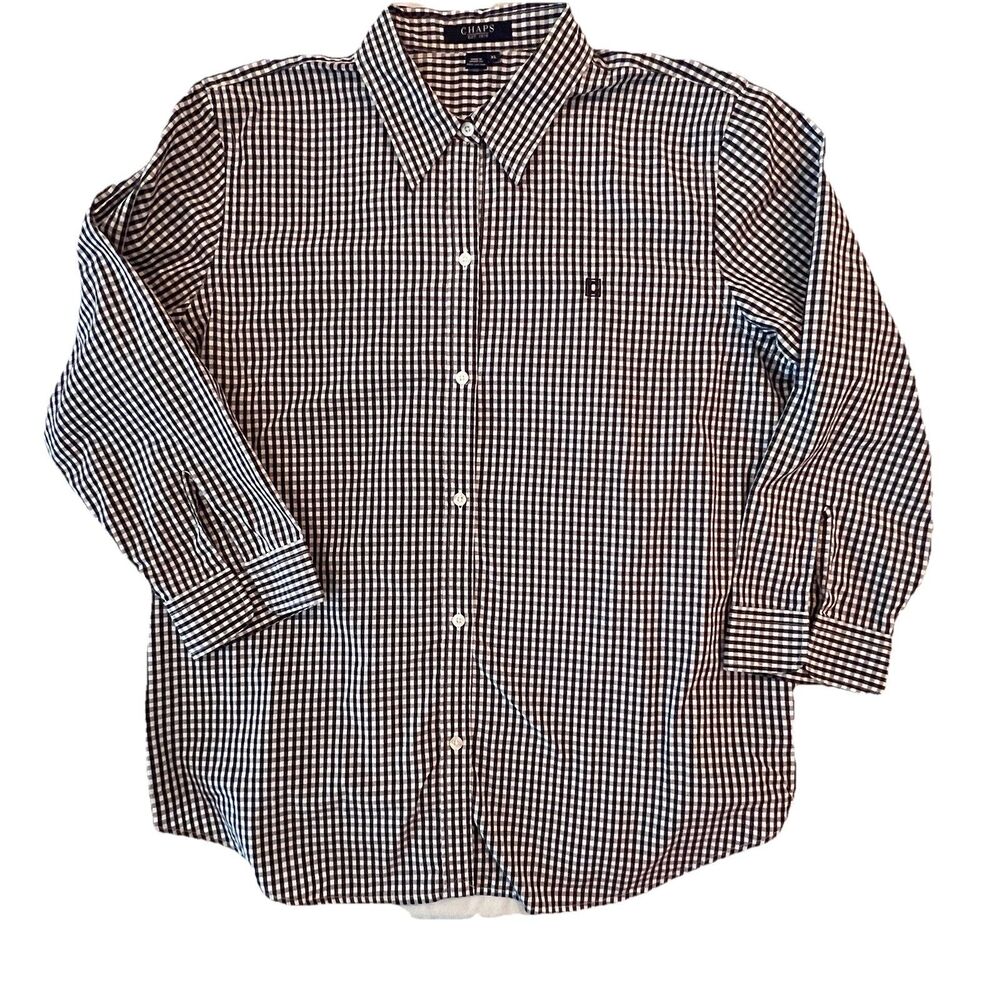 Chaps Womens Shirt Blouse Black White Gingham Check Cotton 3/4 sleeves XL